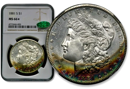 1881-S $1 Morgan Silver Dollar - NGC MS 66Star CAC - Rainbow Toning  C1014