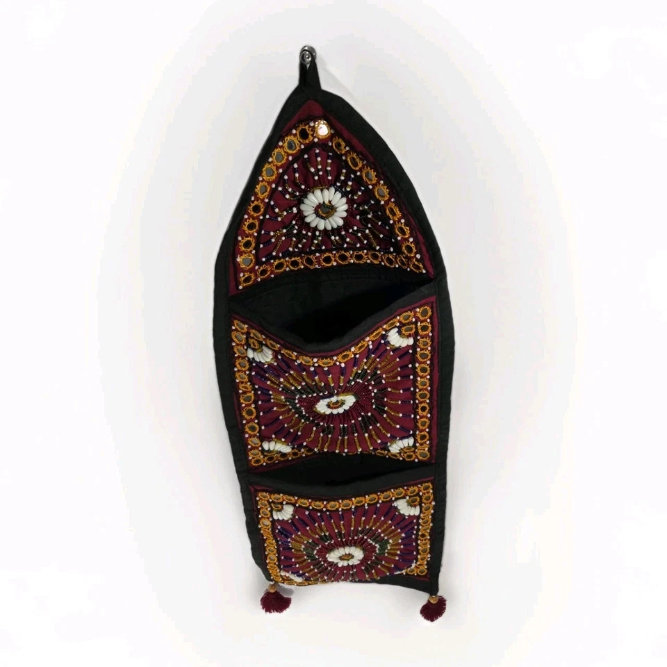 INDIA Embroidery VTG Mirror Bead Hand Work WALL HANGING TAPESTRY MANDALA Pockets - Image 3 of 4