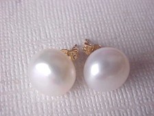 10MM AAA GENUINE WHITE PEARL STUD EARRINGS SOLID 14K YELLOW GOLD