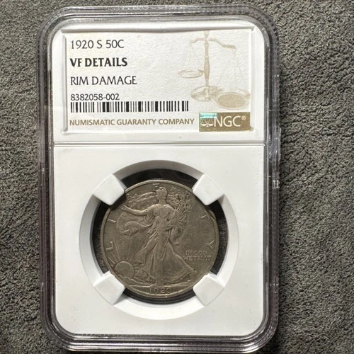 1920-S 50C NGC VF Details Walking Liberty Half Dollar. RIM Damage. Silver