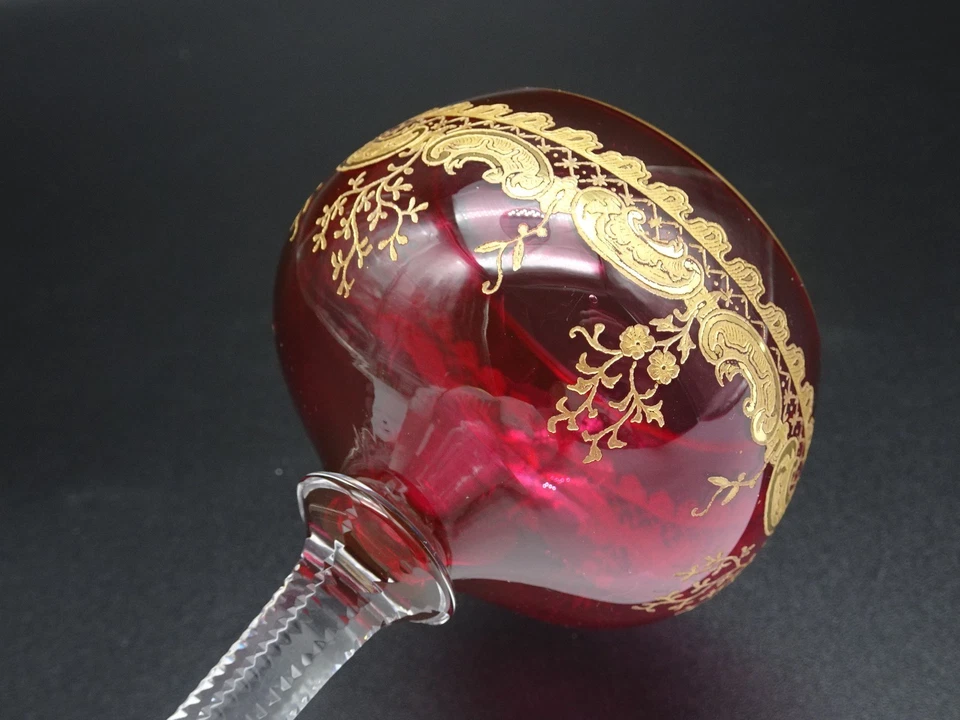 EARLY SAINT ST LOUIS CRYSTAL RUBY WINE HOCK GLASS GILT ENGRAVED DESIGNS - Image 4 of 4