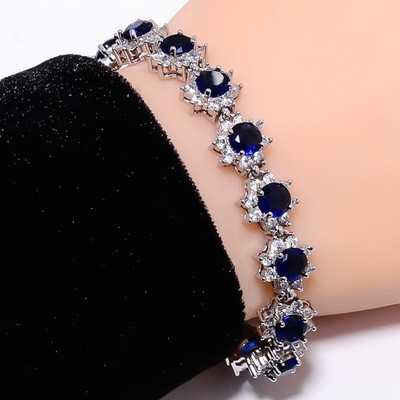 Blue Sapphire -Simulated, CZ 925 Sterling Silver Adjustable Bracelet 7-8'' B7923