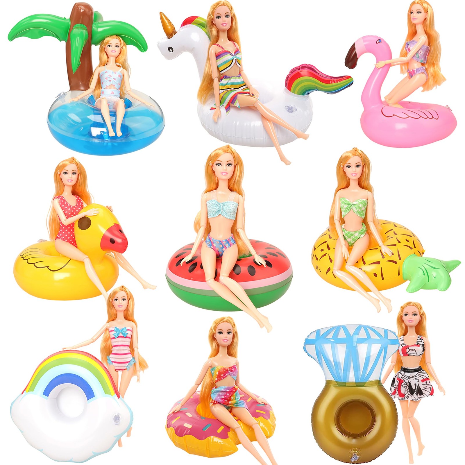 9 Pcs Pool Floaties Swim Accessories Set for Girl Dolls, Fun