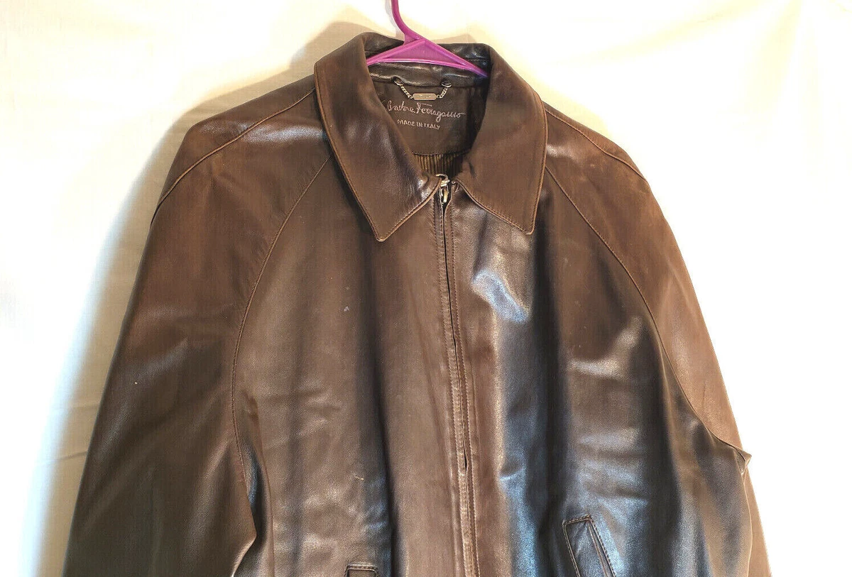 salvatore ferragamo mens Leather jacket SZ M/EU 48 Brown solid zip