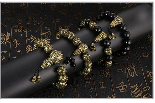 Brass Obsidian Bracelet Men's Handmade Six Character Authentic Antique Jewelry - Picture 10 of 23