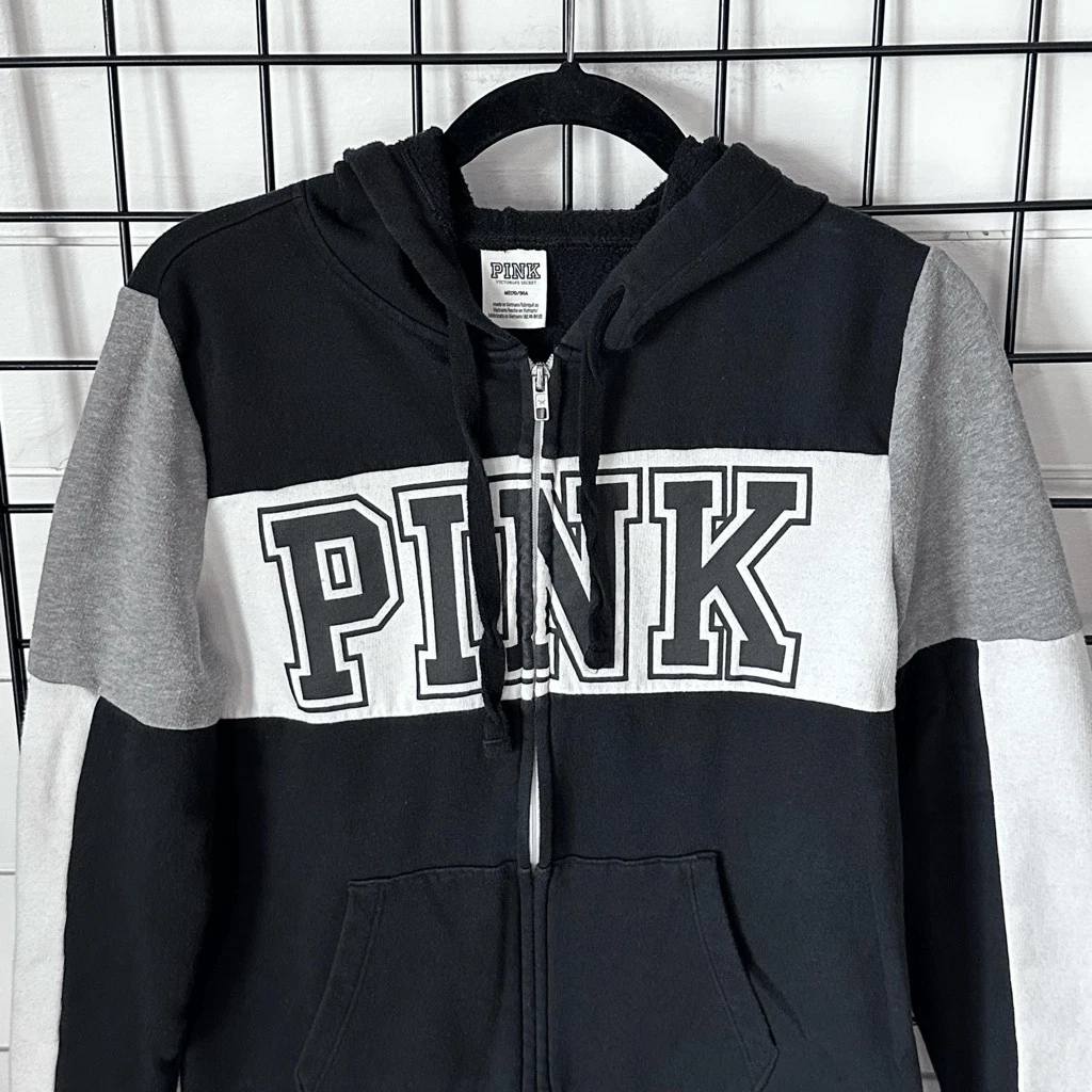 victoria-secret-vs perfect zip gray block logo hoodie