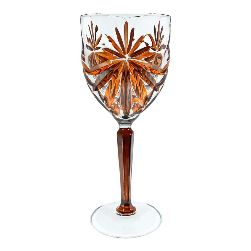 Pair of Orange Brown Murano Wine Glasses Hand Painted Dark Stem Venice 20cm - Image 2 of 4