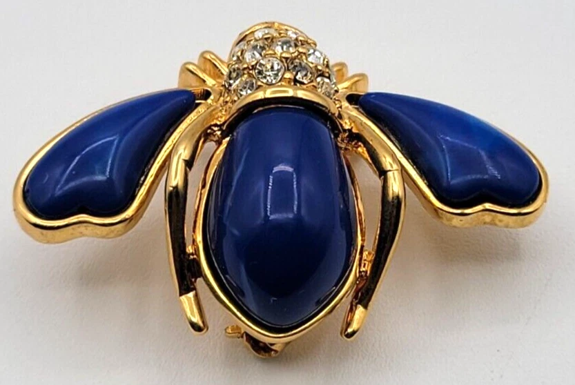 JOAN RIVERS BROCHE PRENDEDOR ABEJA PAVÉ CRISTAL ESTRÁS AZUL LUCITE FIRMADO TONO DORADO Foto 3 de 4