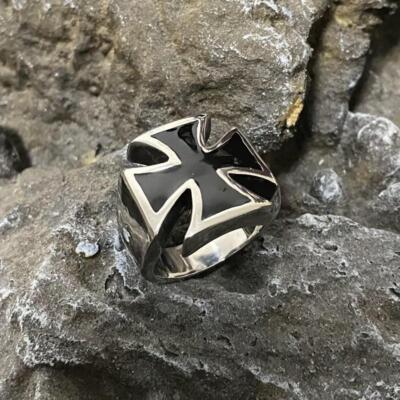 Mens Iron Cross Biker Ring Stainless Steel Mc Black Silver Size