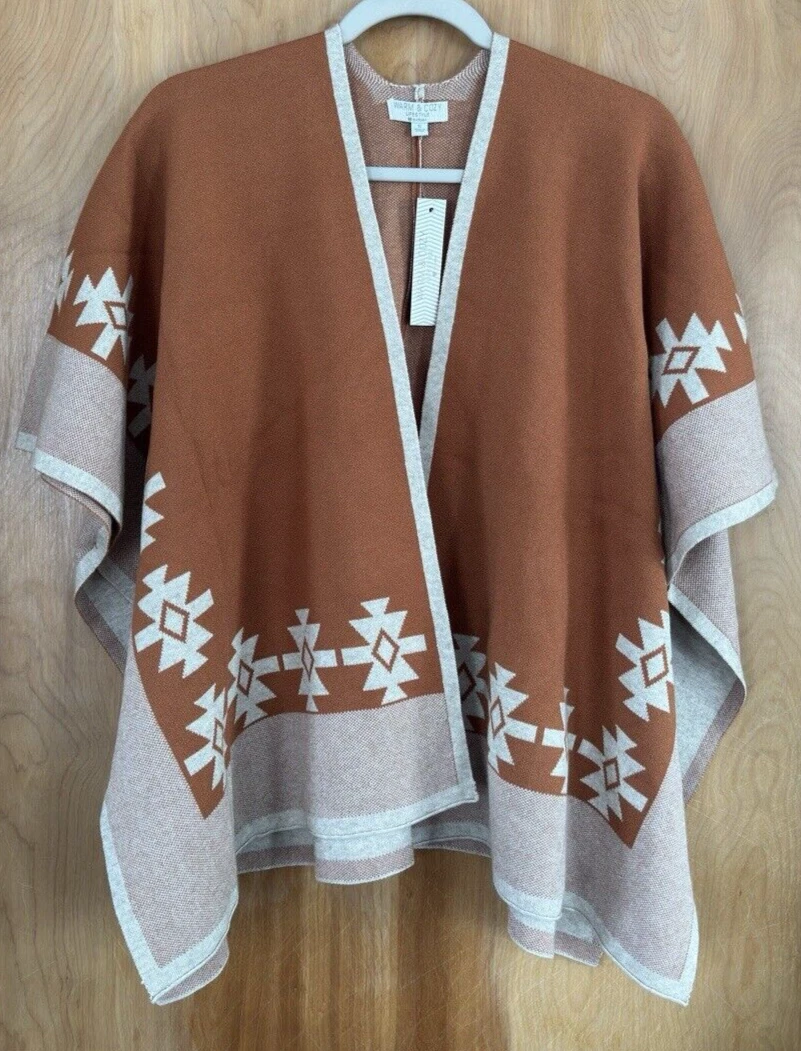 Warm & Cozy Lifestyle by Poof Women's Size S Poncho Sweater Aztec Style Rust NWT