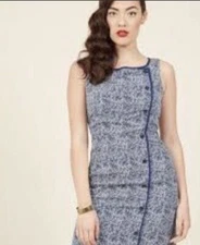 MODCLOTH Liza Luxe Classified Chic Sheath Dress Midi Retro Vtg Style M Blue Y12