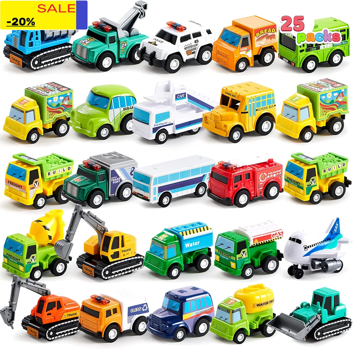 25 Piece Pull Back City Cars and Trucks Toy Vehicles Set for