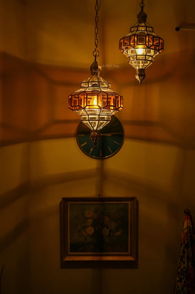 Handmade Moroccan Pendant Light : Glass & Brass Filigree Suspension Lamp - Image 3 of 4