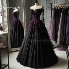 A-Line Black Gothic Wedding Dresses Lace Long Sleeves Pleats Tulle Bridal Gown