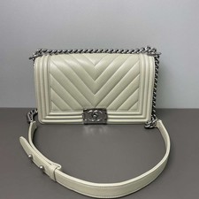 Chanel Boy MM Chevron V‑Stitch Flap Bag Grey Calfskin Ruthenium Silver Hardware