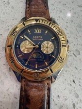 Guess Waterpro Men's Watch Sun Moon Gold  Tone Day Date New Battery Needs Band