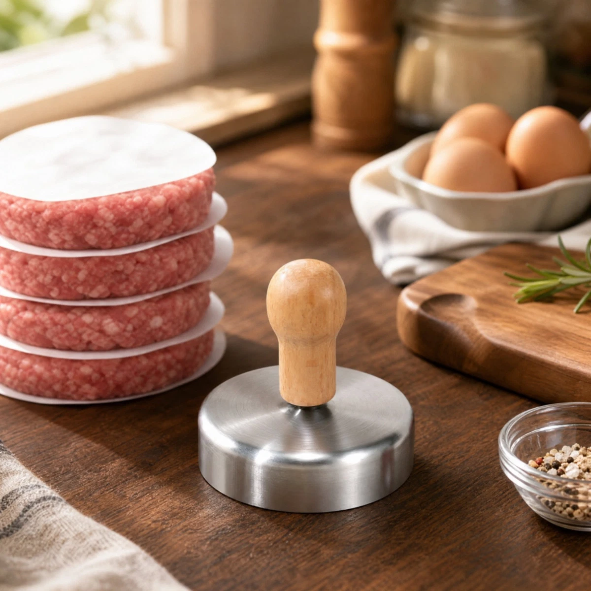 Manuelle Burgerpresse aus Edelstahl mit Holzgriff manuell für Grillen