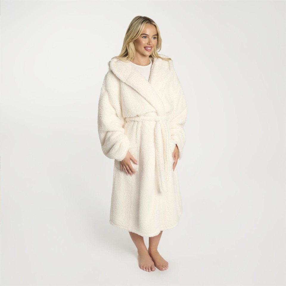 OHS Teddy Fleece Long Dressing Gown Ladies Warm House Coat Hooded Long ...