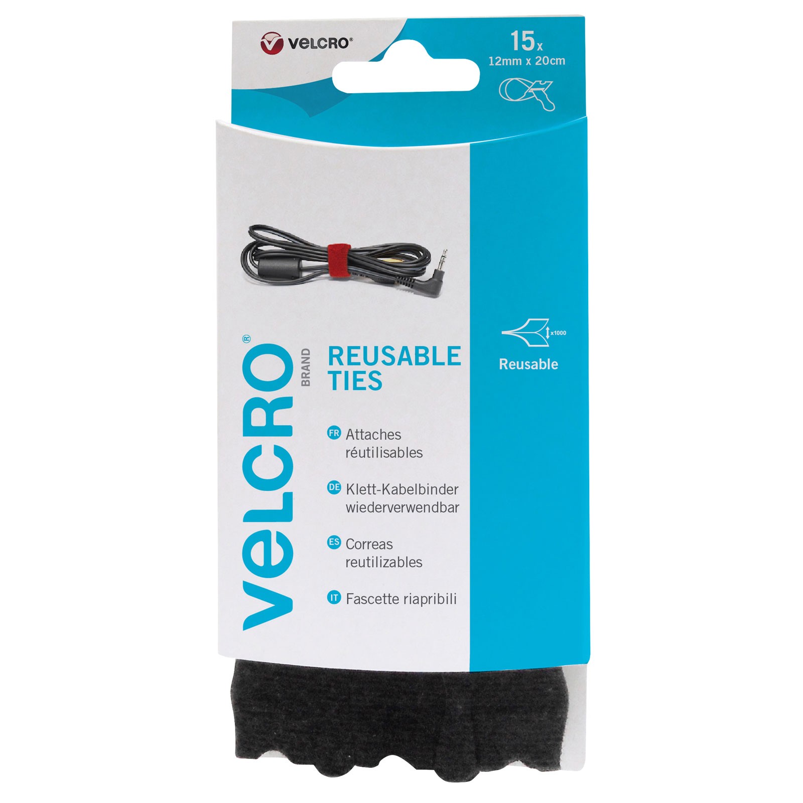 VELCRO® Brand Reusable Ties 12mm x 20cm Black 15 Pieces