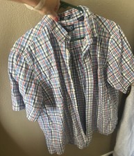 Chaps Men's Short Sleeve Dress Shirt, Red White And Blue Plaid, Size Large