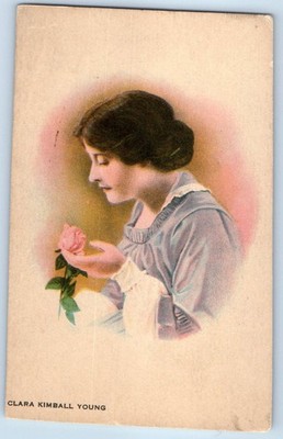 c1910's Clara Kimball Young With Pink Rose Flower Unposted Antique Postcard