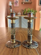 Vintage Candlesticks Pair Gold Brass Effect With Enamel Patterns Boho