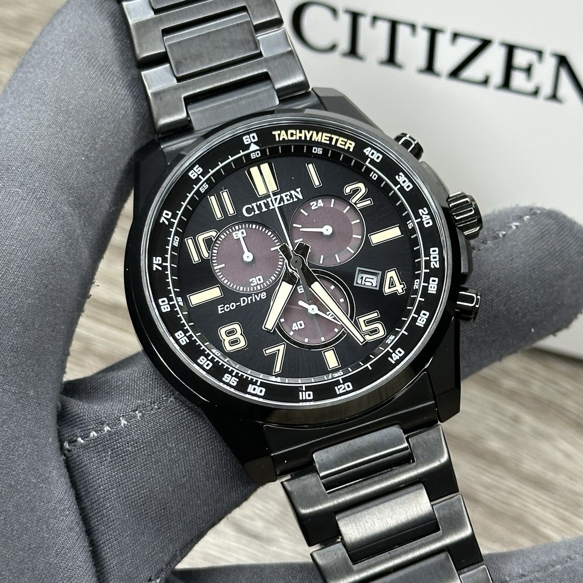 NEW✓TACHYMETER✓ Citizen Eco-Drive Black Steel Chrono Date Men's