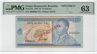Congo 10 Makuta 1967 P 9s "Specimen 176" PMG 63
