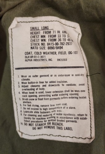 Abrigo de Colección Ejército de Estados Unidos M-65 Clima Frío OG 107 Chaqueta de Campo Verde Para Hombres Pequeño Largo Años 80 - Imagen 3 de 11