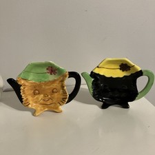Vintage Two  Cat Tea Bag/Spoon/Trinket Holders Black Cat Yellow Cat. Stand Up