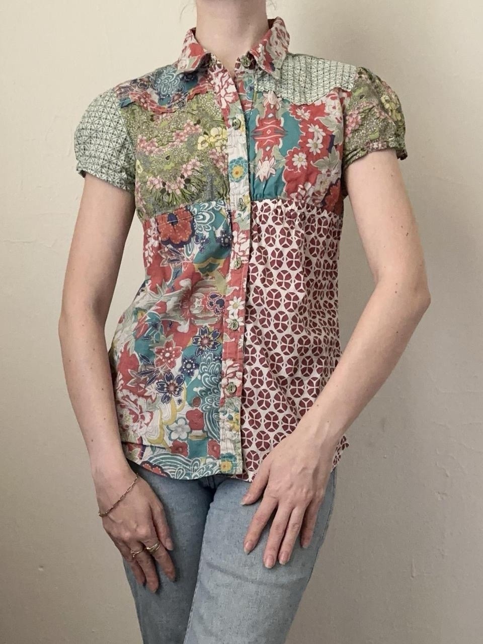Colorful Bohemian Patchwork Button Down Blouse Sh… - image 1