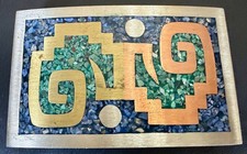 Mexican Vintage Mixed Metals Snake Design Indian Belt Buckle Turquoise Inlaid