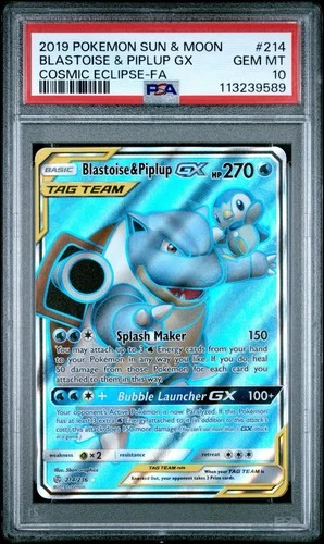 Pokémon Blastoise & Piplup GX Full Art TAG TEAM Holo Ultra Rare 214/236 PSA 10