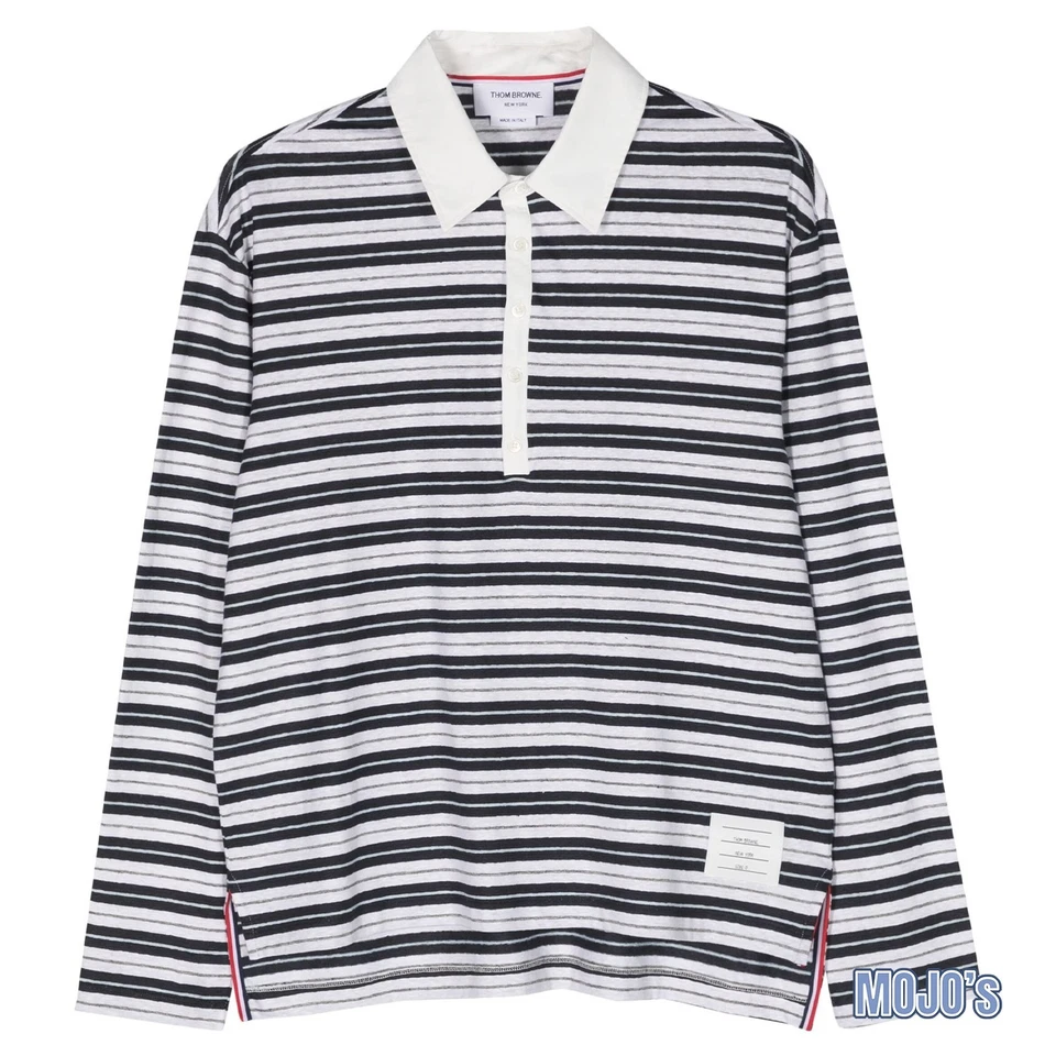 Camisa polo Thom Browne LS para hombre talla 2 - blanco roto con rayas azul marino - mezcla de lino Foto 2 de 4