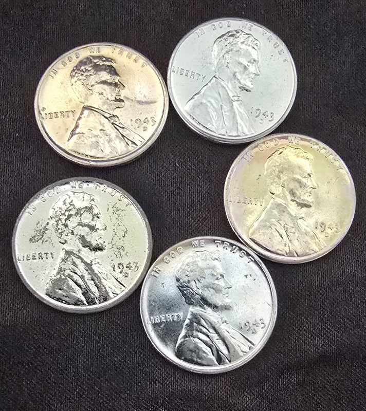 1943 D steel Penny Lot of 5 BU coins--☆☆MS Quality 