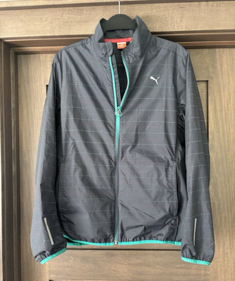 PUMA Women s Gray Striped Windbreaker Full Zip Stand-Up Collar Jacket XL