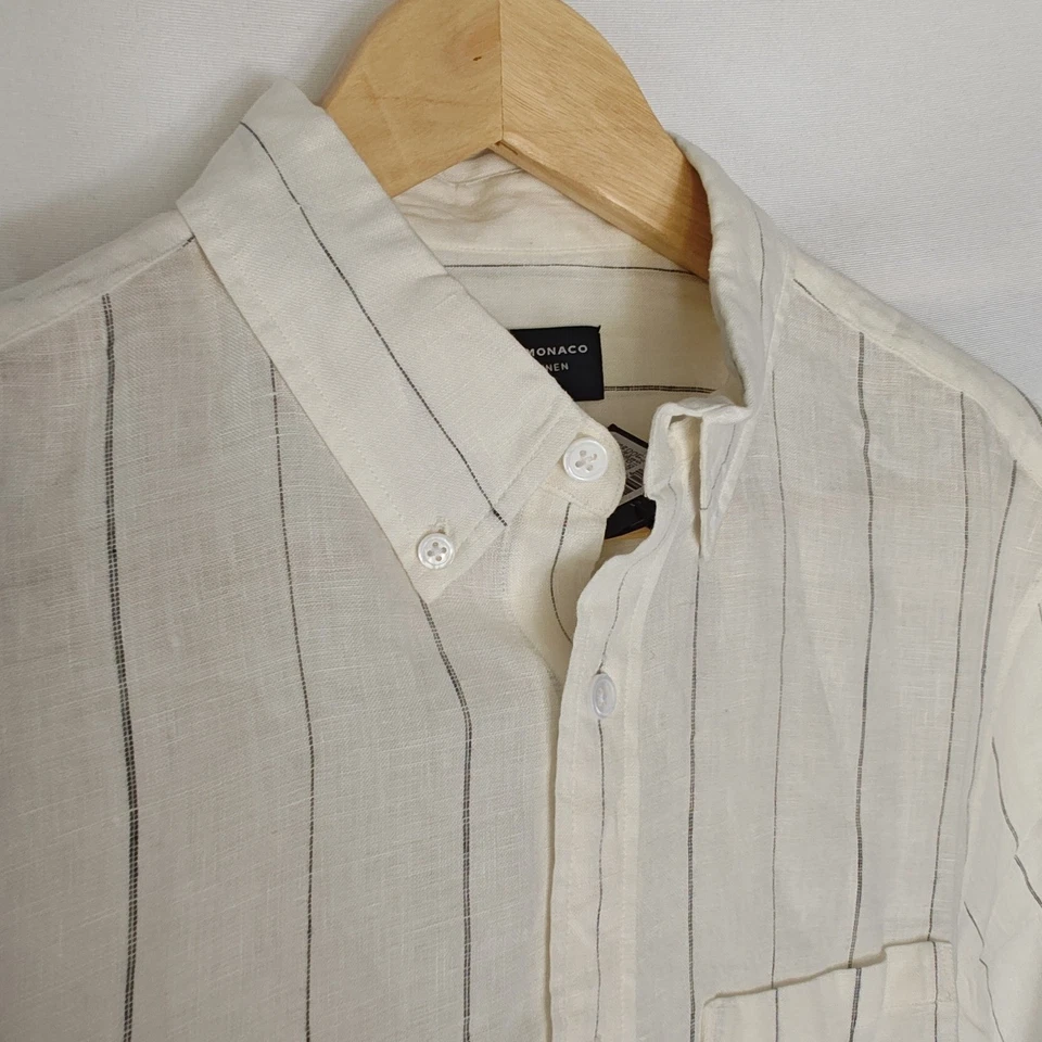 CLUB MONACO Linen Button Front Down Shirt Cream Black Stripe Linen Slim Fit M - Image 4 of 4
