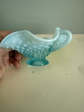 VTG Fenton Blue Opalescent Hobnail Ruffled Edge Candy Dish