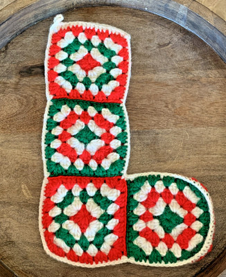 Vintage Christmas Crochet Stocking Granny Square Red White Green 13'' Clean!
