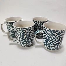 Set of 4 Folk Craft Tienshan Moose Country Ceramic Coffee Mugs Cups Green Sponge