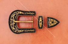 Black Crystal Rhinestone Western Cowboy Floral Belt Buckle Set Fit 30MM Strap