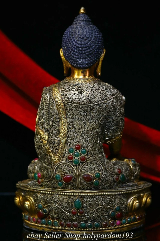 8.4" Antiguo Tíbet Bronce 24K Oro Incrustación Gemas Shakyamuni Amitabha Buda Estatua Foto 3 de 4