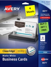[4 Sheets] Avery 8870/8871 White Business Cards 2" x 3 1/2" (10 per sheet) B2G1