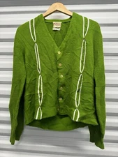 Vintage 60s Creslan Acrylic Striped Cardigan Sweater Richman Bros Medium Green