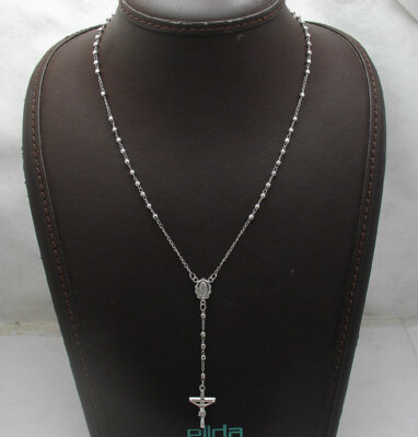 17'' 2.5mm Diamond Cut Rosary Chain Cross Crucifix Necklace Real 10K White Gold 