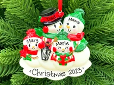Personalized Snowman Family of 3 4 5 Christmas Ornament with Lantern Kids Xmas