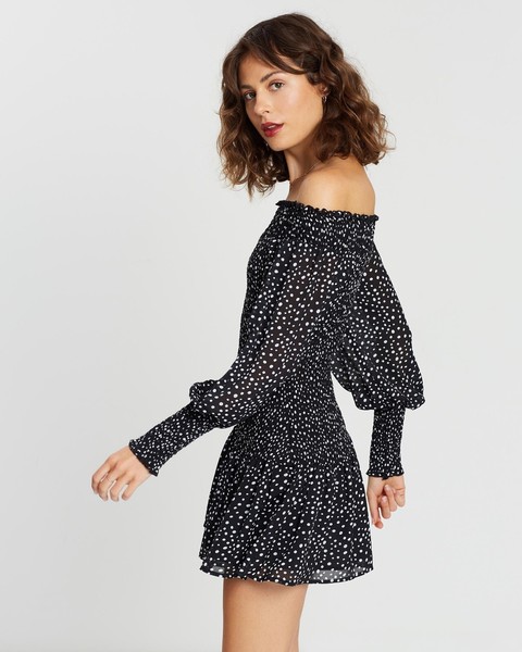 Atmos & Here Womens Size 8 Black White Polka Dot Off Shoulder Mini Dress Party