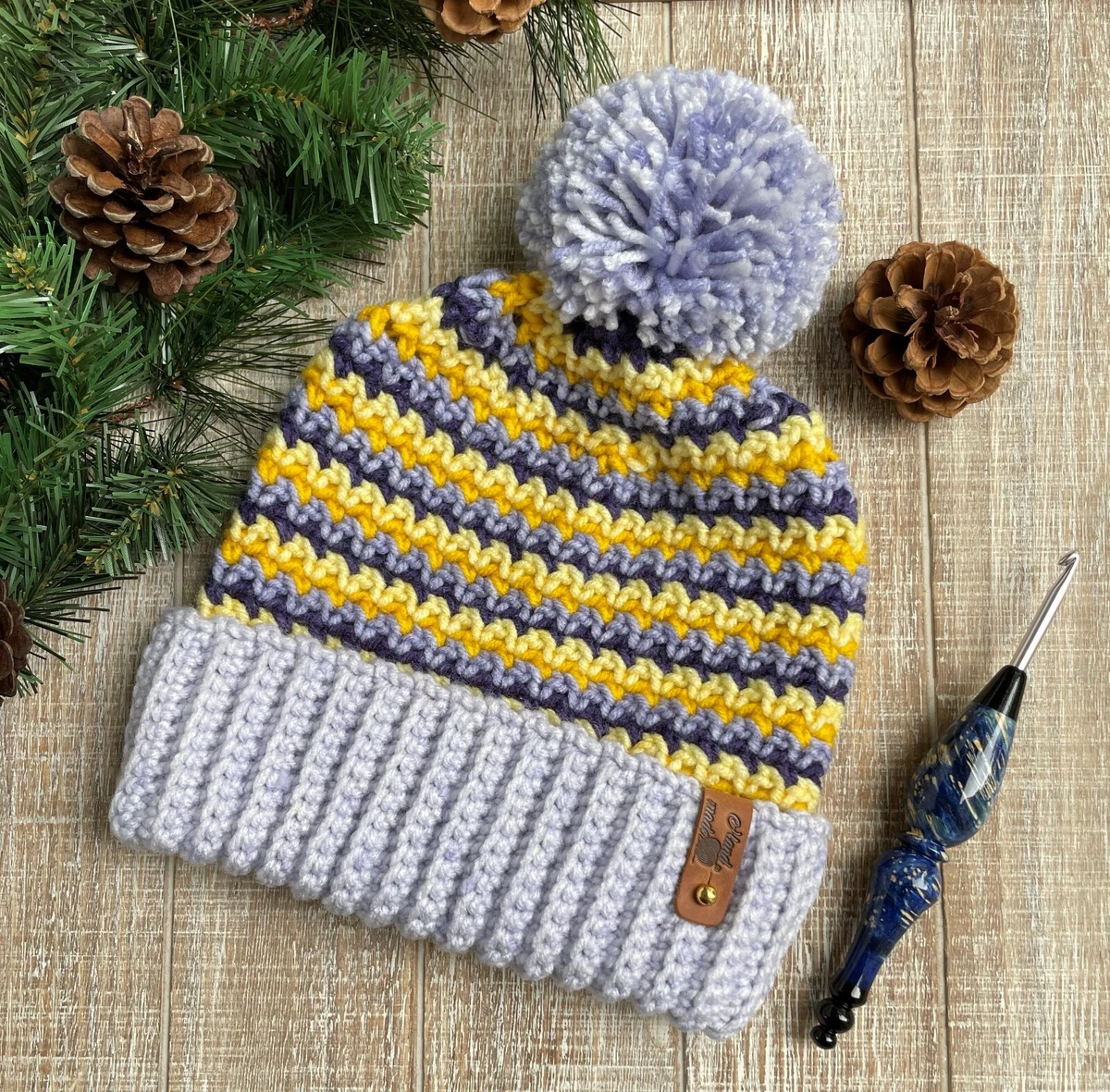 Handmade Crochet PomPom Striped Beanie Winter Hat blue yellow fold over