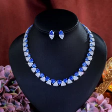 Gorgeous CZ Tanzanite Blue Triangles Tennis Wedding Necklace Earring Jewelry Set