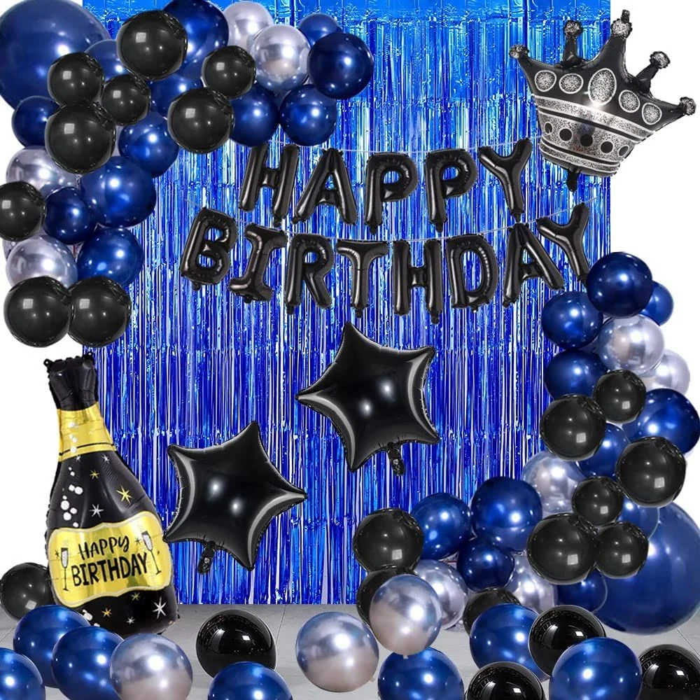 Navy Blue Black Happy Birthday Party Decorations for Men, Black,blue,silver